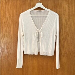 Gaze Cream Ribbed Tie-Front Crop Blouse